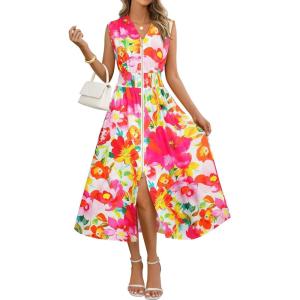 MEROKEETY Women’s Summer Sleeveless Floral Maxi Dress 2026 Boho Casual Flowy Zipper V Neck Split Beach Dresses(Orangerose)