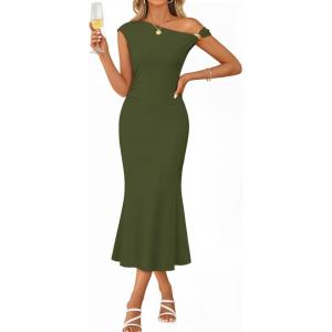 MEROKEETY Women’s Wedding Guest One Shoulder Dresses 2026 Summer Formal Elegant Cocktail Party Midi Dress(Army Green)