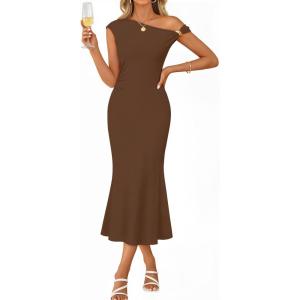 MEROKEETY Women’s Wedding Guest One Shoulder Dresses 2026 Summer Formal Elegant Cocktail Party Midi Dress(Brown)