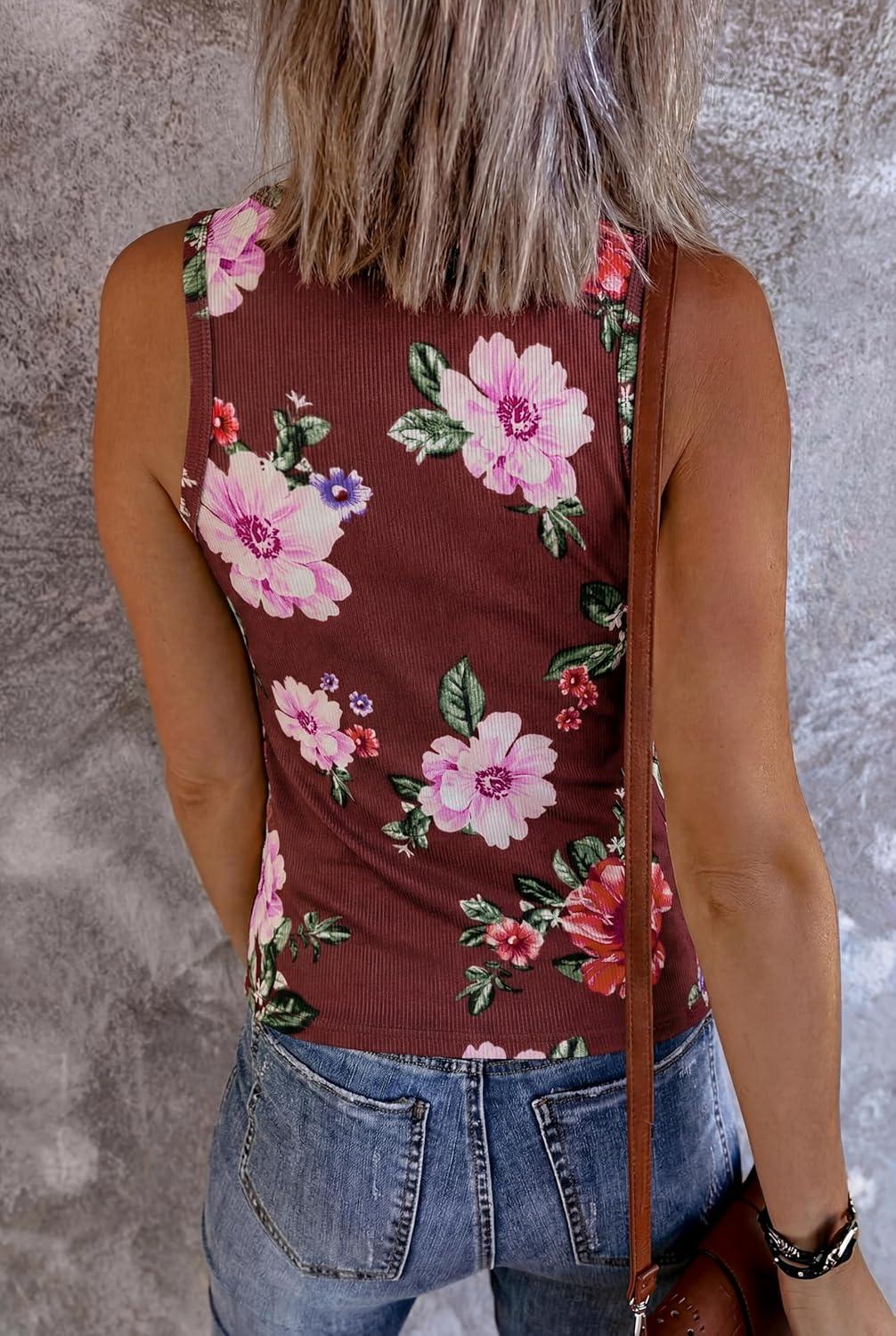 imageMEROKEETY Womens 2026 Summer Sleeveless Tank Tops V Neck Ribbed Dressy Casual Henley Shirts Button Loose Cami TeesMaroonfloral