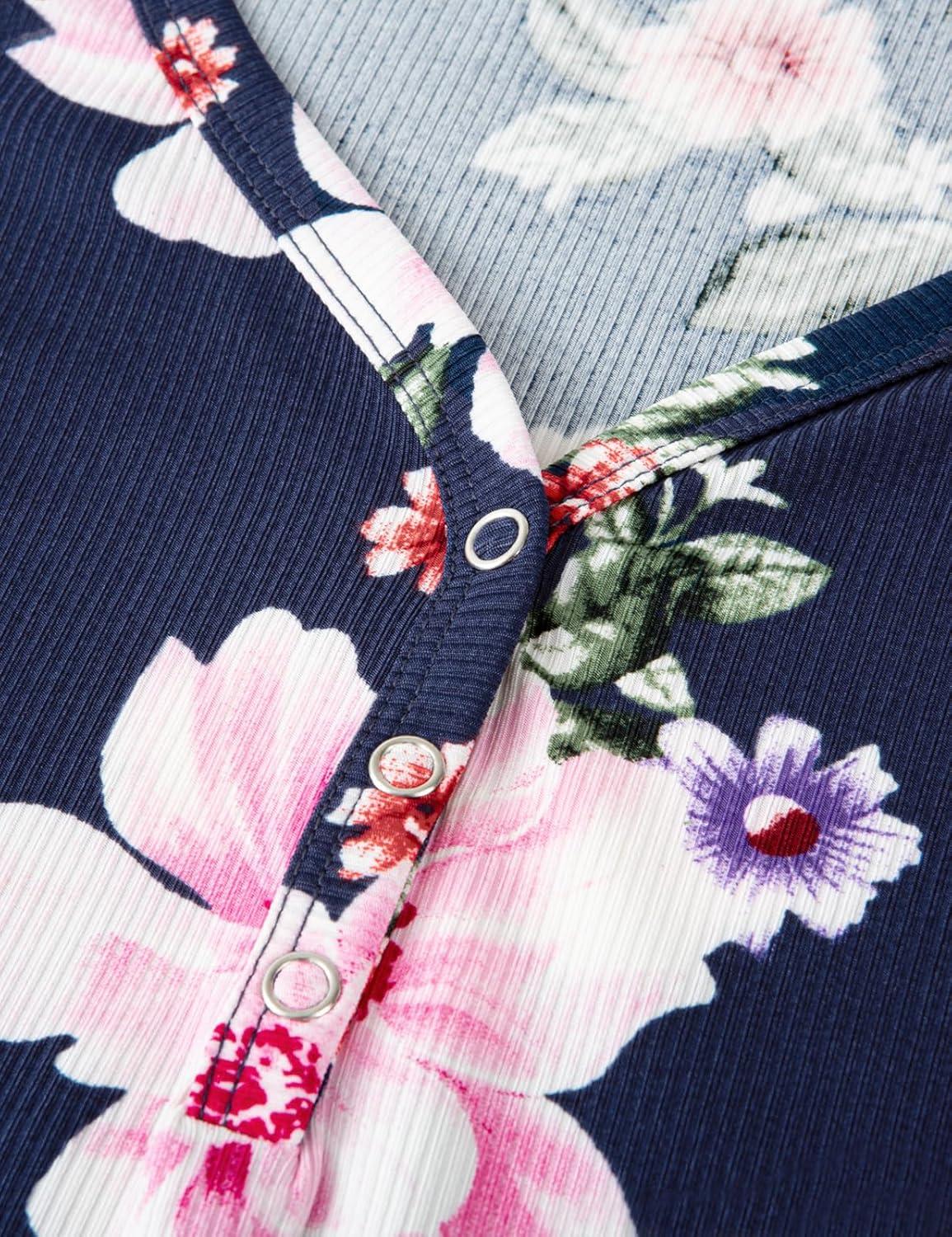 imageMEROKEETY Womens 2026 Summer Sleeveless Tank Tops V Neck Ribbed Dressy Casual Henley Shirts Button Loose Cami TeesNavyfloral