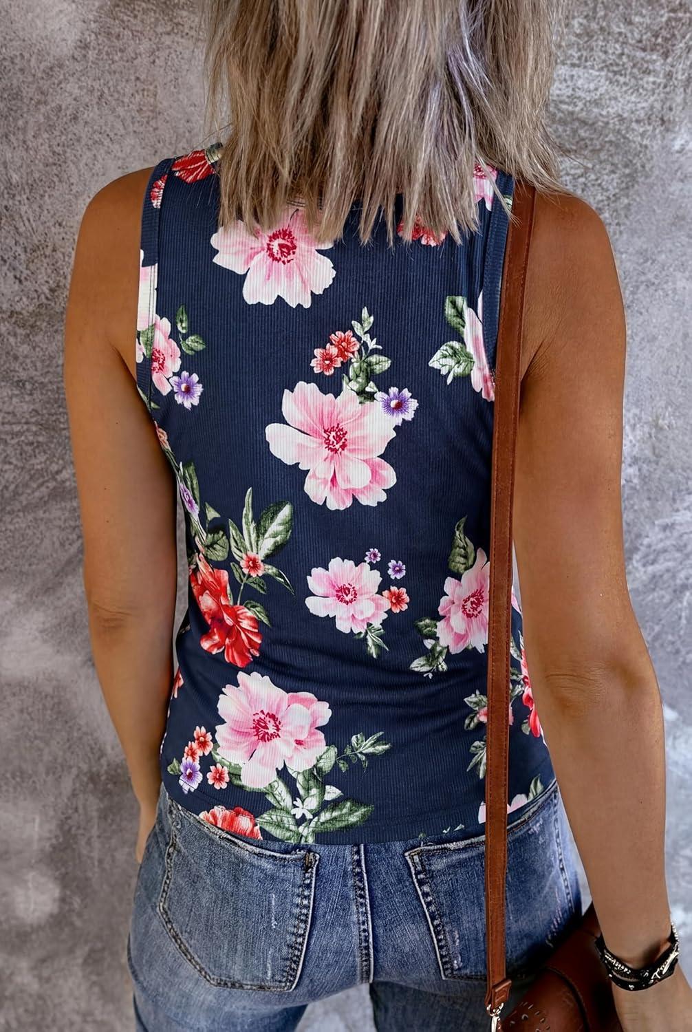 imageMEROKEETY Womens 2026 Summer Sleeveless Tank Tops V Neck Ribbed Dressy Casual Henley Shirts Button Loose Cami TeesNavyfloral