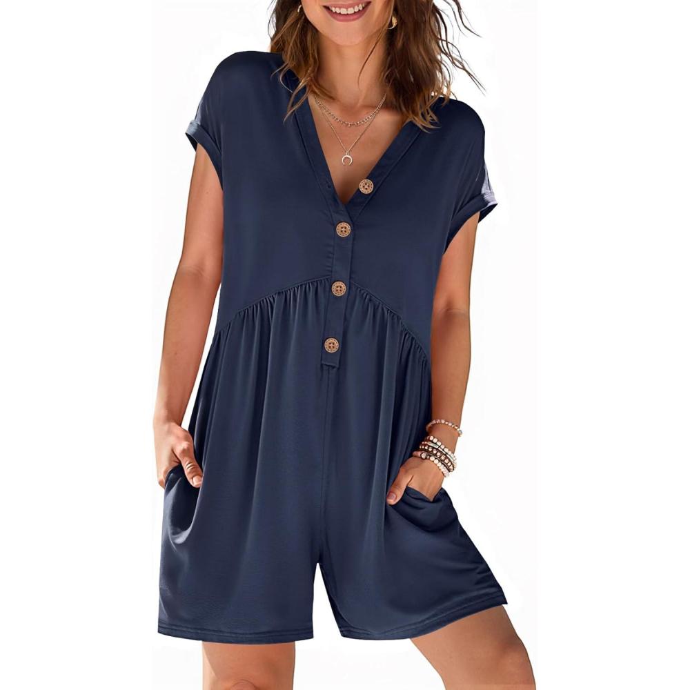 imageMEROKEETY Rompers for Women Summer 2026 Casual Cap Sleeve V neck Button Short Jumpsuit Overalls Beach Vacation OutfitsNavy