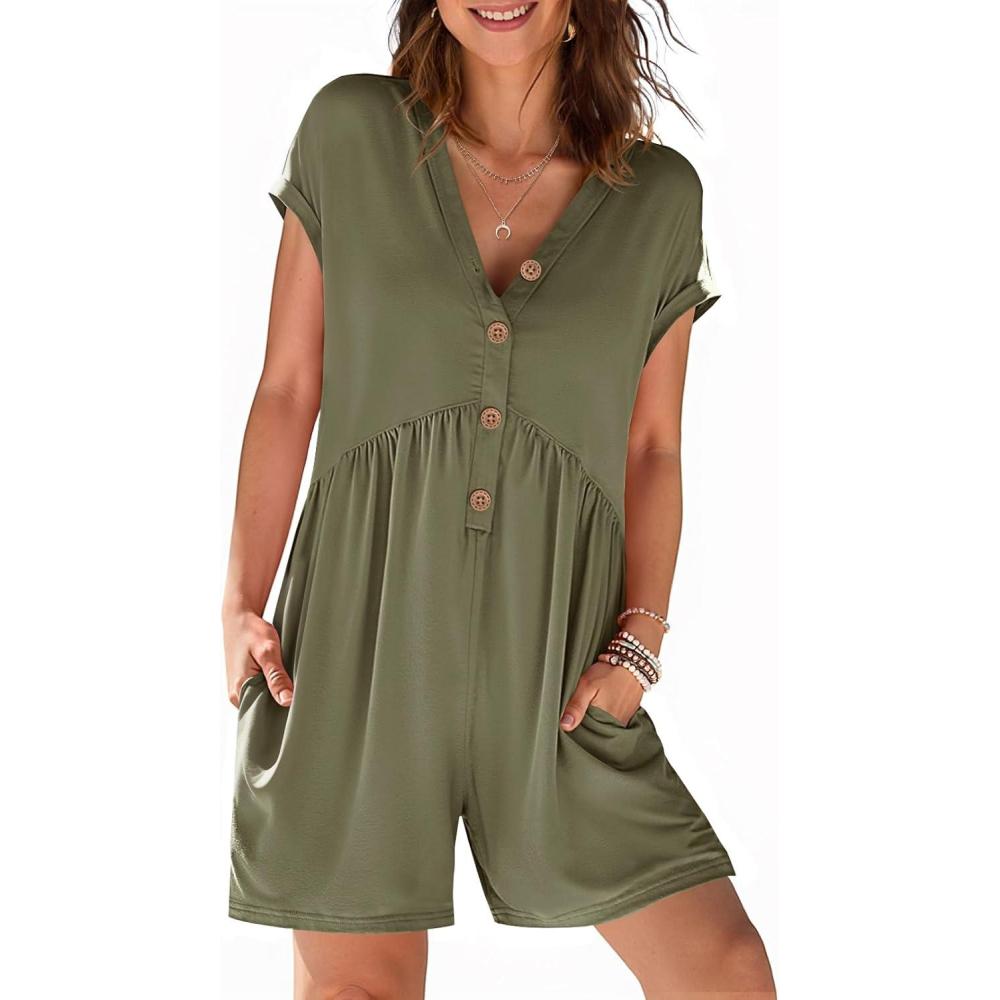 imageMEROKEETY Rompers for Women Summer 2026 Casual Cap Sleeve V neck Button Short Jumpsuit Overalls Beach Vacation OutfitsOlive