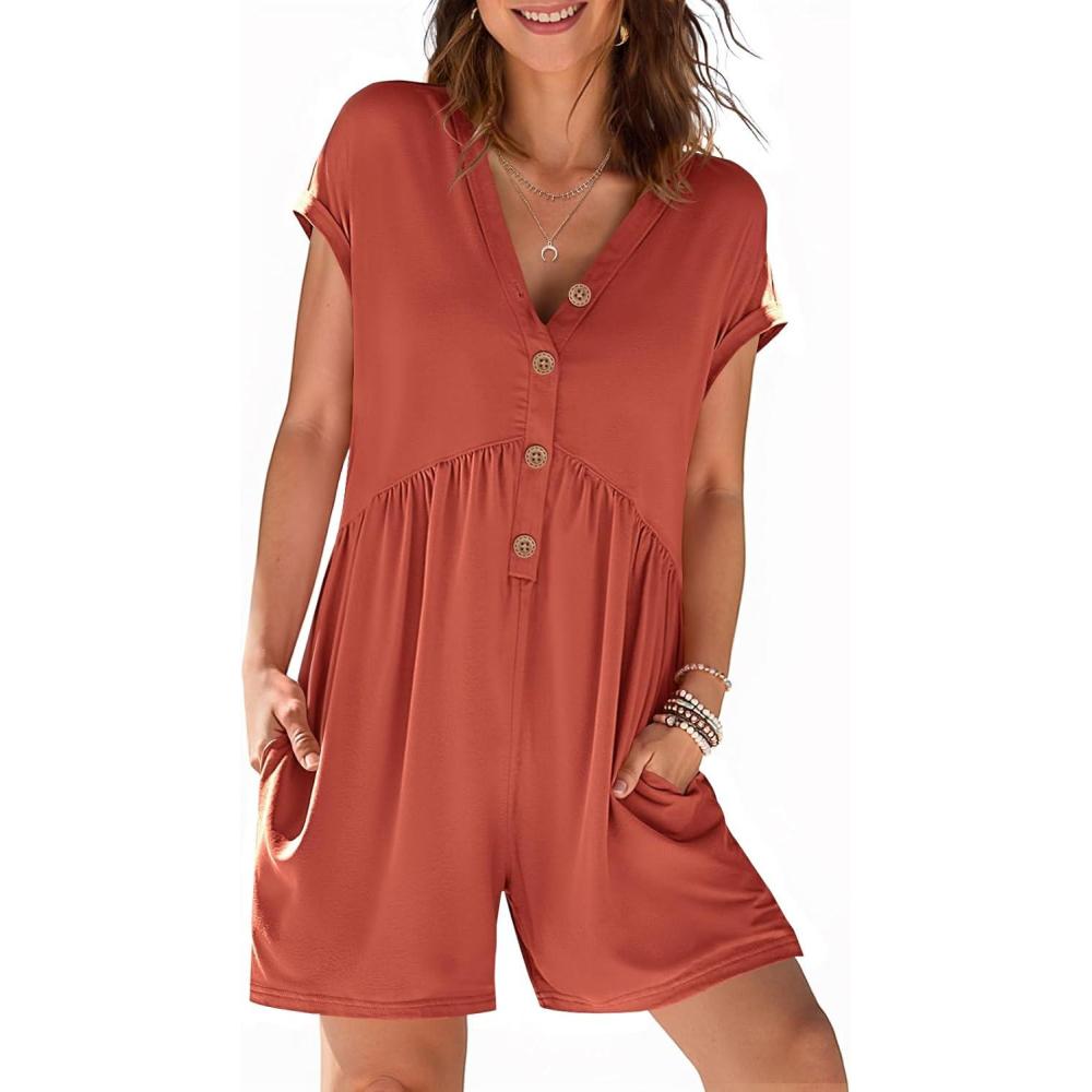 imageMEROKEETY Rompers for Women Summer 2026 Casual Cap Sleeve V neck Button Short Jumpsuit Overalls Beach Vacation OutfitsRust