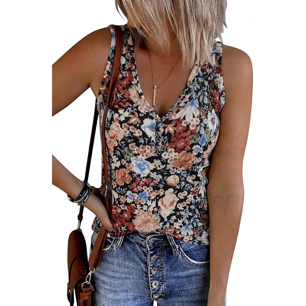 imageMEROKEETY Womens 2026 Summer Sleeveless Tank Tops V Neck Ribbed Dressy Casual Henley Shirts Button Loose Cami TeesMulticolored