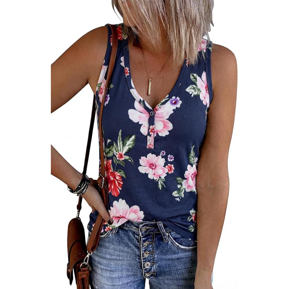 imageMEROKEETY Womens 2026 Summer Sleeveless Tank Tops V Neck Ribbed Dressy Casual Henley Shirts Button Loose Cami TeesNavyfloral