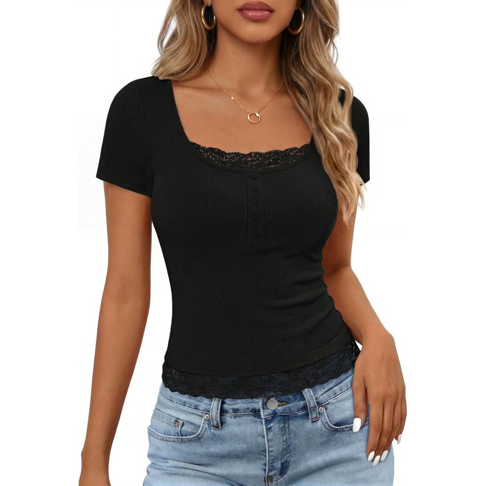 imageMEROKEETY Womens Short Sleeve Lace Trim Tops 2026 Summer Ribbed Scoop Neck Button T Shirts Going Out Slim Fashion ClothesBlack
