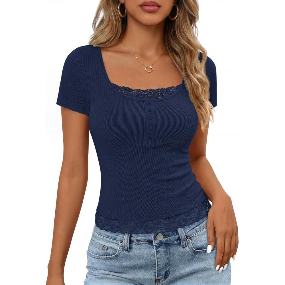 imageMEROKEETY Womens Short Sleeve Lace Trim Tops 2026 Summer Ribbed Scoop Neck Button T Shirts Going Out Slim Fashion ClothesNavy