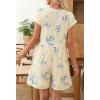 MEROKEETY Rompers for Women Summer 2026 Casual Cap Sleeve V neck Button Short Jumpsuit Overalls Beach Vacation Outfits(Beige Floral)