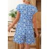 MEROKEETY Rompers for Women Summer 2026 Casual Cap Sleeve V neck Button Short Jumpsuit Overalls Beach Vacation Outfits(Blue White)