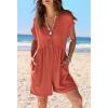 MEROKEETY Rompers for Women Summer 2026 Casual Cap Sleeve V neck Button Short Jumpsuit Overalls Beach Vacation Outfits(Rust)