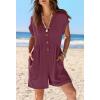 MEROKEETY Rompers for Women Summer 2026 Casual Cap Sleeve V neck Button Short Jumpsuit Overalls Beach Vacation Outfits(Wine)