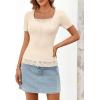 MEROKEETY Women’s Short Sleeve Lace Trim Tops 2026 Summer Ribbed Scoop Neck Button T Shirts Going Out Slim Fashion Clothes(Apricot)