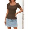 MEROKEETY Women’s Short Sleeve Lace Trim Tops 2026 Summer Ribbed Scoop Neck Button T Shirts Going Out Slim Fashion Clothes(Coffee)