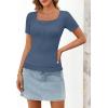 MEROKEETY Women’s Short Sleeve Lace Trim Tops 2026 Summer Ribbed Scoop Neck Button T Shirts Going Out Slim Fashion Clothes(Dusty Blue)