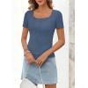 MEROKEETY Women’s Short Sleeve Lace Trim Tops 2026 Summer Ribbed Scoop Neck Button T Shirts Going Out Slim Fashion Clothes(Dusty Blue)