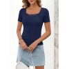 MEROKEETY Women’s Short Sleeve Lace Trim Tops 2026 Summer Ribbed Scoop Neck Button T Shirts Going Out Slim Fashion Clothes(Navy)