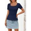 MEROKEETY Women’s Short Sleeve Lace Trim Tops 2026 Summer Ribbed Scoop Neck Button T Shirts Going Out Slim Fashion Clothes(Navy)
