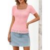 MEROKEETY Women’s Short Sleeve Lace Trim Tops 2026 Summer Ribbed Scoop Neck Button T Shirts Going Out Slim Fashion Clothes(Pink)
