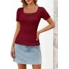 MEROKEETY Women’s Short Sleeve Lace Trim Tops 2026 Summer Ribbed Scoop Neck Button T Shirts Going Out Slim Fashion Clothes(Wine Red)