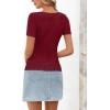 MEROKEETY Women’s Short Sleeve Lace Trim Tops 2026 Summer Ribbed Scoop Neck Button T Shirts Going Out Slim Fashion Clothes(Wine Red)