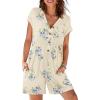 MEROKEETY Rompers for Women Summer 2026 Casual Cap Sleeve V neck Button Short Jumpsuit Overalls Beach Vacation Outfits(Beige Floral)