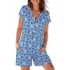 MEROKEETY Rompers for Women Summer 2026 Casual Cap Sleeve V neck Button Short Jumpsuit Overalls Beach Vacation Outfits(Blue White)