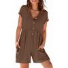 MEROKEETY Rompers for Women Summer 2026 Casual Cap Sleeve V neck Button Short Jumpsuit Overalls Beach Vacation Outfits(Coffee)