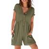 MEROKEETY Rompers for Women Summer 2026 Casual Cap Sleeve V neck Button Short Jumpsuit Overalls Beach Vacation Outfits(Olive)