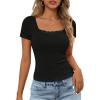 MEROKEETY Women’s Short Sleeve Lace Trim Tops 2026 Summer Ribbed Scoop Neck Button T Shirts Going Out Slim Fashion Clothes(Black)
