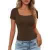 MEROKEETY Women’s Short Sleeve Lace Trim Tops 2026 Summer Ribbed Scoop Neck Button T Shirts Going Out Slim Fashion Clothes(Coffee)