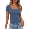 MEROKEETY Women’s Short Sleeve Lace Trim Tops 2026 Summer Ribbed Scoop Neck Button T Shirts Going Out Slim Fashion Clothes(Dusty Blue)