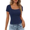 MEROKEETY Women’s Short Sleeve Lace Trim Tops 2026 Summer Ribbed Scoop Neck Button T Shirts Going Out Slim Fashion Clothes(Navy)