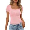 MEROKEETY Women’s Short Sleeve Lace Trim Tops 2026 Summer Ribbed Scoop Neck Button T Shirts Going Out Slim Fashion Clothes(Pink)