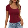 MEROKEETY Women’s Short Sleeve Lace Trim Tops 2026 Summer Ribbed Scoop Neck Button T Shirts Going Out Slim Fashion Clothes(Wine Red)