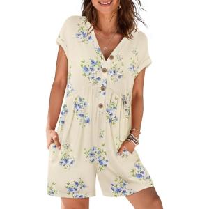 MEROKEETY Rompers for Women Summer 2026 Casual Cap Sleeve V neck Button Short Jumpsuit Overalls Beach Vacation Outfits(Beige Floral)