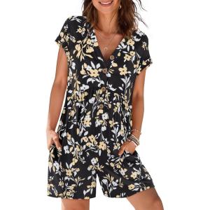 MEROKEETY Rompers for Women Summer 2026 Casual Cap Sleeve V neck Button Short Jumpsuit Overalls Beach Vacation Outfits(Black Floral)