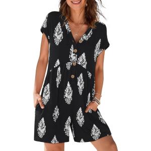 MEROKEETY Rompers for Women Summer 2026 Casual Cap Sleeve V neck Button Short Jumpsuit Overalls Beach Vacation Outfits(Black White)