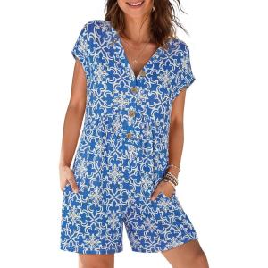 MEROKEETY Rompers for Women Summer 2026 Casual Cap Sleeve V neck Button Short Jumpsuit Overalls Beach Vacation Outfits(Blue White)