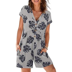 MEROKEETY Rompers for Women Summer 2026 Casual Cap Sleeve V neck Button Short Jumpsuit Overalls Beach Vacation Outfits(Grey Floral)
