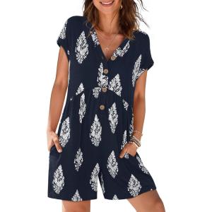 MEROKEETY Rompers for Women Summer 2026 Casual Cap Sleeve V neck Button Short Jumpsuit Overalls Beach Vacation Outfits(Navy White)