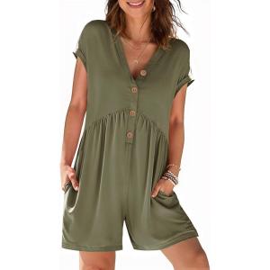 MEROKEETY Rompers for Women Summer 2026 Casual Cap Sleeve V neck Button Short Jumpsuit Overalls Beach Vacation Outfits(Olive)