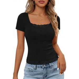 MEROKEETY Women’s Short Sleeve Lace Trim Tops 2026 Summer Ribbed Scoop Neck Button T Shirts Going Out Slim Fashion Clothes(Black)
