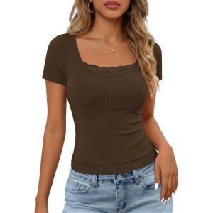 MEROKEETY Women’s Short Sleeve Lace Trim Tops 2026 Summer Ribbed Scoop Neck Button T Shirts Going Out Slim Fashion Clothes(Coffee)