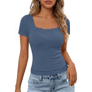 MEROKEETY Women’s Short Sleeve Lace Trim Tops 2026 Summer Ribbed Scoop Neck Button T Shirts Going Out Slim Fashion Clothes(Dusty Blue)