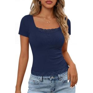 MEROKEETY Women’s Short Sleeve Lace Trim Tops 2026 Summer Ribbed Scoop Neck Button T Shirts Going Out Slim Fashion Clothes(Navy)
