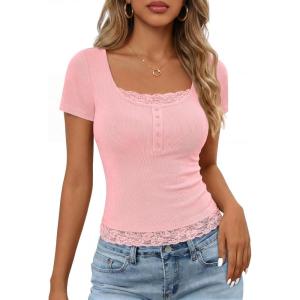 MEROKEETY Women’s Short Sleeve Lace Trim Tops 2026 Summer Ribbed Scoop Neck Button T Shirts Going Out Slim Fashion Clothes(Pink)