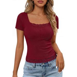 MEROKEETY Women’s Short Sleeve Lace Trim Tops 2026 Summer Ribbed Scoop Neck Button T Shirts Going Out Slim Fashion Clothes(Wine Red)