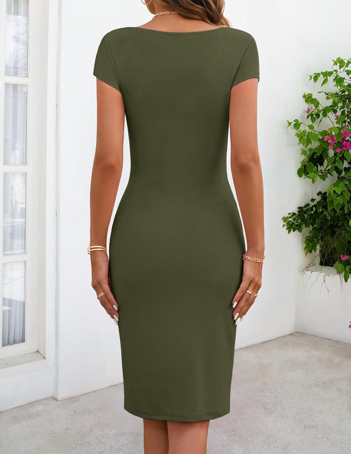 imageMEROKEETY Womens 2026 Summer Wedding Guest Mini Dress Bodycon Cap Sleeve Elegant Formal Cocktail Party Short DressesArmygreen